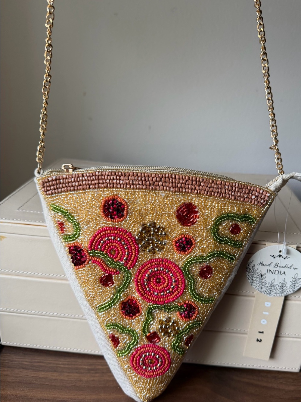 Viral Pizza Beaded Triangle Crossbody Bag in Gold and Pink